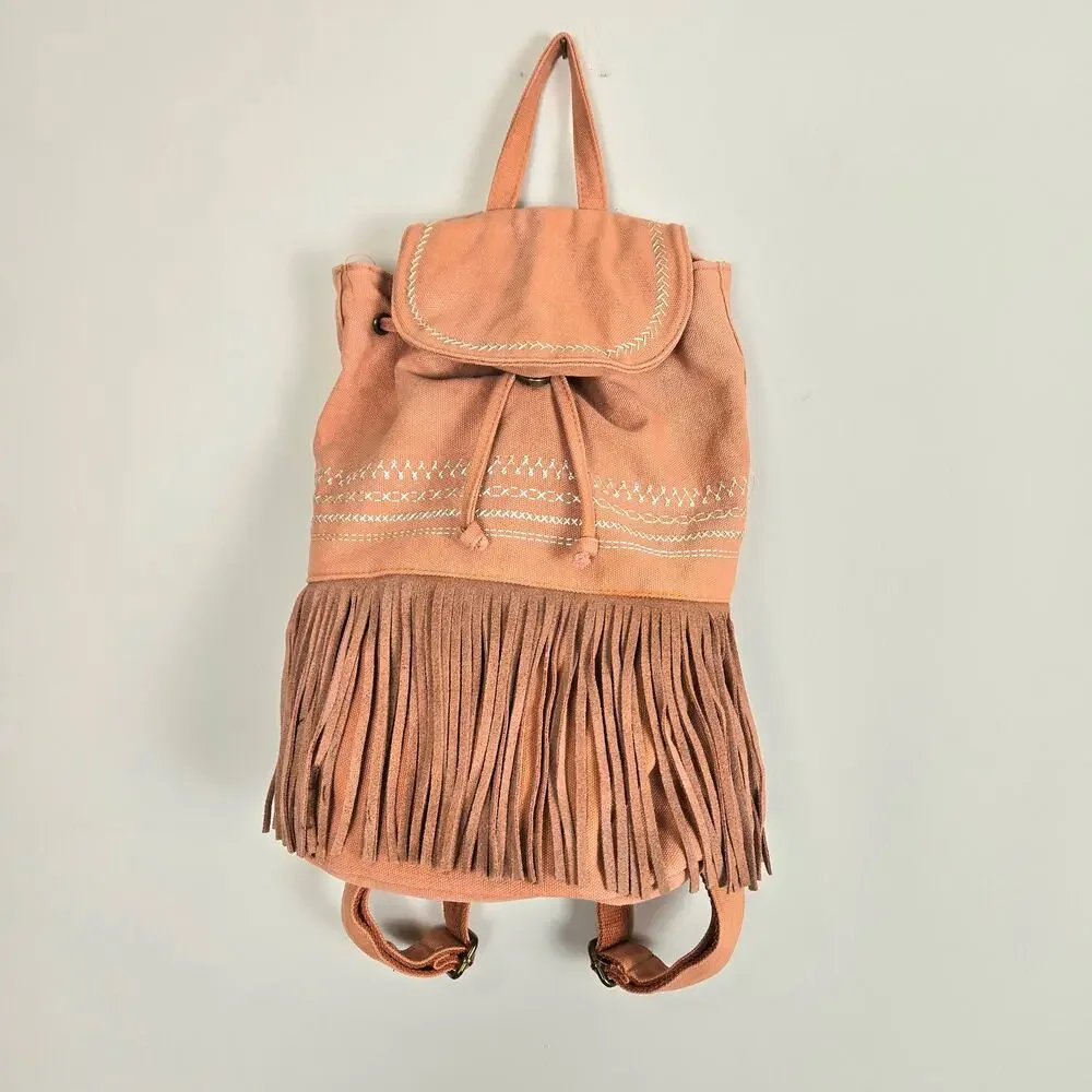 Embroidered Suede Fringe Canvas Bucket Backpack Salmon